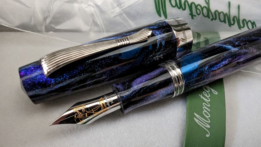 Stylo Plume Montegrappa Emblema - Résine Bleue Marbrée, Plume Or 18K, Modèle Prestige Occasion