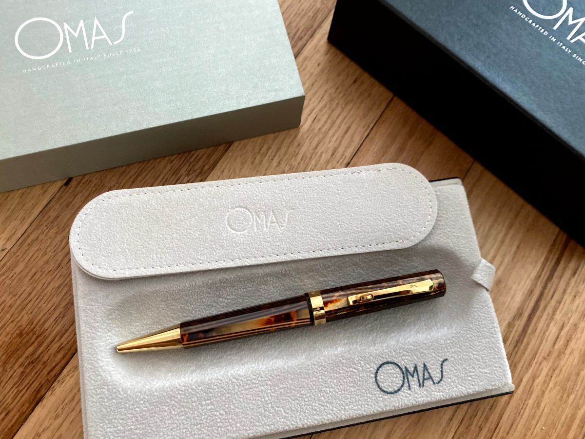 Omas Paragon Arco Brown Gold Trim Celluloid Ballpoint 